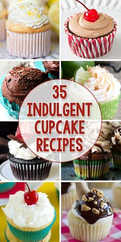 there are many cupcakes that have different toppings on them and the title says 35 indulgent cupcake recipes