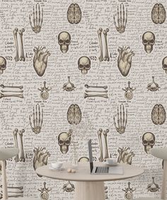 the wallpaper is decorated with skulls and bones