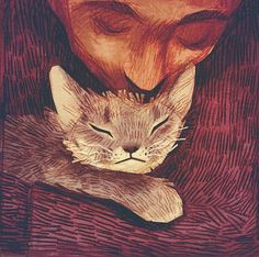 a drawing of a woman holding a cat with her face close to her chest and eyes closed