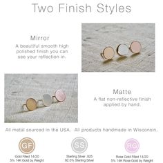 "Our disk earrings are a perfect mix of simple and delicate, yet sturdy enough for everyday wear. This beautiful pair will easily become a staple. Available in three different sizes, so you can stack your earrings if you have multiple piercings. DETAILS: Available in Sterling Silver .925, 14K Gold Filled, and 14K Rose Gold Filled, White Gold 14K, Gold 14K, Rose Gold 14K Choose between three disk sizes: 1/4\" (.25 in / 4 mm) 3/8\" (.375 in / 6 mm) 1/2\" (.5 in / 8 mm) Select one of these finishes Personalized Cuff Bracelets, Disk Earrings, Letter Earrings, Multiple Piercings, Disc Earrings, Moon Earrings, Sterling Silver Studs, Sterling Silver Earrings Studs, Earring Backs