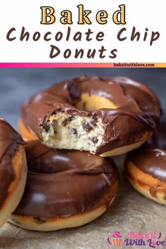 chocolate chip doughnuts are stacked on top of each other with one bite taken out