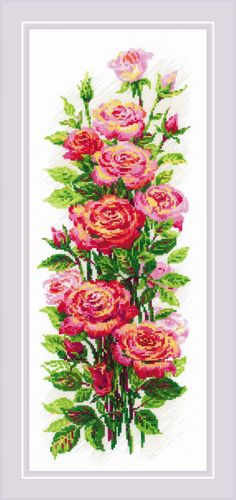 a cross stitch picture with pink flowers on it