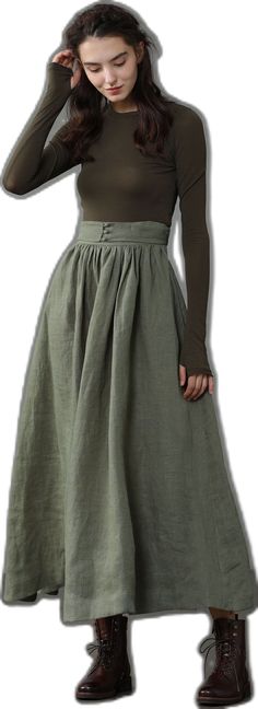 Green Vintage Long Skirt, Vintage Long Linen Skirt, Vintage Green Long Skirt, Vintage Long Green Skirt, Vintage Green Flared Skirt Bottoms, Vintage Green Full Skirt, Vintage Green Full Skirt Bottoms, Vintage Full Maxi Skirt With Gathered Details, 1950 Skirt