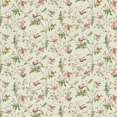 a floral wallpaper with birds and flowers on the side, in pastel colors