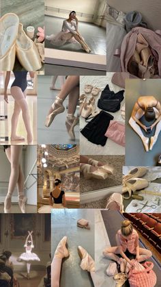 a collage of ballet images including shoes, skirts and ballerinas in various positions