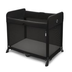 a black baby crib with wheels on it