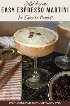 an easy espresso martini recipe with coffee beans and cinnamon on the rims