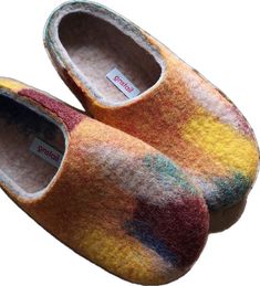 Comfortable Multicolor Clogs With Cushioned Footbed, Comfortable Multicolor Slip-on Slippers, Comfortable Multicolor Flat Slippers, Multicolor Slip-on Slippers For Indoor, Yellow Slip-on Slippers For Winter, Felted Wool Slippers, Felted Slippers, Wool Slippers, Felted Wool