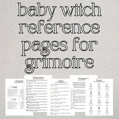 the baby witch reference pages for grimoire are in black and white, with text overlay