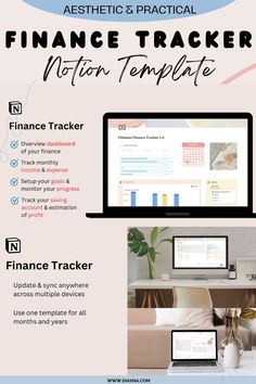 a poster with the words finance tracker written on it and pictures of laptops in front of them