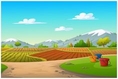 an image of a farm scene with mountains in the background and two buckets on the ground