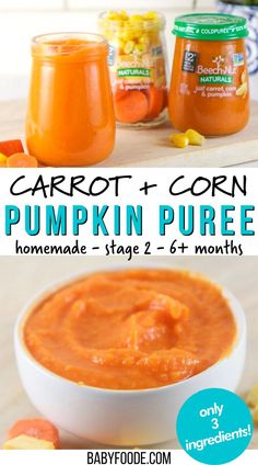 carrot and corn pumpkin puree in jars with text overlay