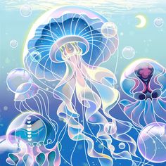 an underwater scene with jellyfish and bubbles