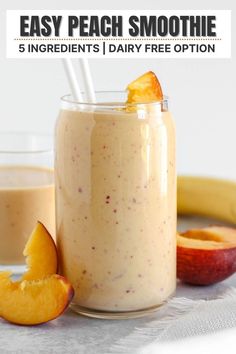 Tall glass filled with a peach smoothie topped with a fresh peach and 2 white straws in the glass. Smoothies With Fresh Fruit, Healthy Peach Smoothie, Smoothie Recipes Peach, Smoothies With Peaches, Smothie Recipes, Banana And Peach Smoothie, Peach Protein Smoothie, Mango Peach Banana Smoothie, Peach Banana Smoothie