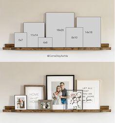 there are two shelves with pictures and frames on them, one is displaying family photos