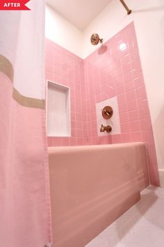 a pink tiled bathroom with shower and tub