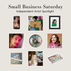 small business saturday independent artist spotlight with photos and artwork on the wall behind it, including a clock