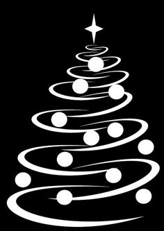 a black and white christmas tree with stars on it's top in the dark