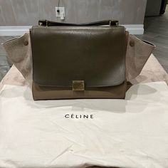 Authentic Celine M/L Hand Bag. Please Refer To Pictures For Details. High-end Beige Satchel For Errands, Designer Everyday Flap Bag, Designer Beige Office Bag, Elegant Flap Satchel, Luxury Green Flap Bag, Designer Beige Satchel For Office, Designer Beige Office Satchel, L Hand, Celine Handbags