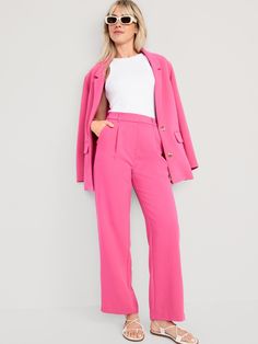 Partially-elasticized extra high-rise waistband, with built-in belt loops.  Concealed double hook-and-bar closure, built-in belt loops, hidden zip fly, and interior stay button.  On-seam diagonal side pockets, with back welt pocket.  Secret-smooth po Tailored Wide Leg Pantsuit With Pockets, Classic High Waist Pants With Elastic Waistband, Pink High-waisted Pants With Belt Loops, Pink Trousers With Belt Loops, High Waist Tailored Bottoms With Pockets, Tailored High Waist Bottoms With Pockets, Tailored High-waist Bottoms With Pockets, Office Bottoms With Side Pockets For Spring, Spring Office Bottoms With Side Pockets