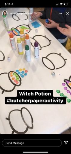 a table that has some markers on it and the words witch potton written in black