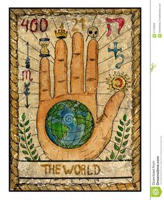 a hand with the earth in it and symbols around it