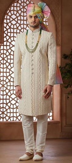 White and Off White color Sherwani in Art Silk fabric with Bugle Beads, Cut Dana, Sequence, Thread work White Churidar With Resham Embroidery For Reception, White Kurta With Cutdana For Reception, White Churidar For Eid Reception, White Churidar For Reception And Eid, White Churidar For Reception Or Eid, White Cutdana Kurta For Reception, White Traditional Wear With Pallu For Reception, White Ceremonial Dupatta With Dabka Work, Ceremonial White Dupatta With Dabka Work