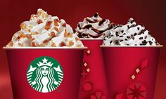 two red starbucks cups filled with different types of food and the words dealblacker above them