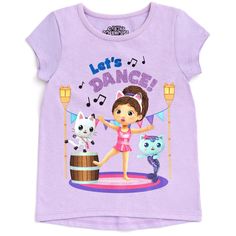 Join Gabby and her best stuffed animal pal Pandy Paws on their dollhouse adventures in this Gabby’s Dollhouse Short Sleeve T-Shirt. Make crafts, bake, garden, and learn with all the adorable Gabby Cats: Cakey, Kitty Fairy, Pillow Cat, Baby Box, DJ Catnip, MerCat, CatRat, and Carlita. Your little girl is dressed for fun and play in this short sleeve graphic tee shirt. Playful T-shirt For Daycare, Cute Cartoon Print Tops For Daycare, Kawaii Cotton Tops For Playtime, Cotton Kawaii Tops For Playtime, Baby Box, Lets Dance, Graphic Tee Shirts, Dreamworks, Toddler Girl