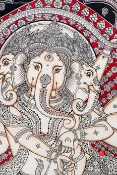 an intricately designed painting with elephants on it's face and arms, in red and white colors