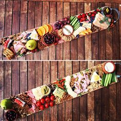 two pictures of food arranged in the shape of a long tube on top of a wooden table