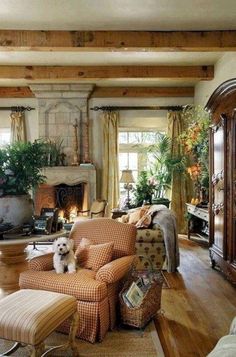 a living room filled with lots of furniture and a dog sitting on top of a chair