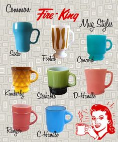 different colored coffee mugs with names on them