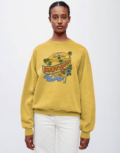 The Upcycled "LAX" Sweatshirt is reconstructed from one-of-a-kind, vintage knits and features our iconic graphic. Each piece is completely individual and will differ from the image, though will be in the same color family. 100% upcycled from curated, preloved garments Relaxed fit One-of-a-kind Retro Sweatshirt With Screen Print For Loungewear, Retro Screen Print Sweatshirt For Loungewear, Retro Crew Neck Sweatshirt With Embroidered Graphics, Oversized Retro Crew Sweatshirt, Oversized Vintage Sweater With Graphic Print, Yellow Graphic Print Crew Neck Sweater, Retro Embroidered Graphic Tops For Fall, Retro Embroidered Tops For Fall, Vintage Long Sleeve Upcycled Top