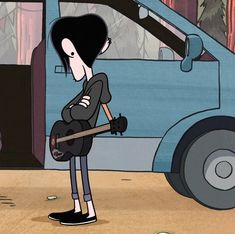 a cartoon character holding a guitar in front of a car