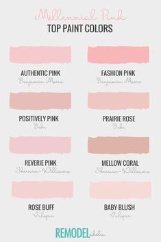 Millennial Pink Paint Colors, Shades Of Pink Room Bedrooms, Shades Of Pink For Bedroom, Shades Of Pink Wall Paint, Pink Paint Shades, Baby Pink Paint Colors, Millennial Pink Color Palette, Millennial Pink Aesthetic, Farmhouse Pink Paint Colors