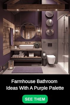 purple farmhouse bathroom Purple And Brown Bathroom, Purple And Grey Bathroom, Purple Farmhouse, Farmhouse Bathroom Inspiration, Brown Tile Bathroom, Farmhouse Color Scheme, Future Bathroom, Purple Bathroom