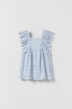 TEXTURED FLORAL DRESS - Light blue | ZARA United States White Blouse With Ruffles And Flutter Sleeves, Cute Ruffled Flutter Sleeve Blouse, Cute Flutter Sleeve Blouse For Summer, Cute Summer Blouse With Flutter Sleeves, Square Neck Ruffle Blouse For Daywear, Square Neck Cotton Tops With Ruffles, Blue Ruffled Square Neck Top, Cotton Blouse With Ruffled Straps, Square Neck Ruffle Tops For Daywear