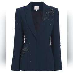 Brand New With Tags!! Make An Unforgettable Impression In The Rhinestone Crackle Embellished Cheyenne Blazer! This Sophisticated Piece Features A Luxurious Peacock Blue Hue, And Is Embellished With A Monochromatic Rhinestone Design. Tailored To Perfection, This Blazer Elevates Any Ensemble With Its Notched Lapels, Collared Neckline, And Long Sleeves. Wear It And Turn Heads! Details Double-Button Closure Fabric: Drapey Crepe Faux Front Pockets Rhinestone Crackle Embellishment Detail Long Sleeve 69% Triacetate 31% Polyester Elegant Fitted Hand-embellished Outerwear, Blue Embellished Party Outerwear, Elegant Fitted Hand Embellished Outerwear, Elegant Embellished Blue Outerwear, Elegant Blue Embellished Outerwear, Embellishment Details, Cinq A Sept, Rhinestone Designs, Peacock Blue