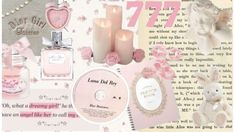 a collage with pink and white items including candles, perfume bottles, and other things