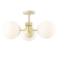 three light ceiling fixture with white glass globes on the top and two lights below