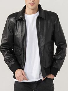 Mens Shirt Collar Black Bomber Leather Jacket American Jacket, Black Leather Jacket Outfit, Leather Jacket For Men, Custom Leather Jackets, Classic Leather Jacket, Jacket Store, Collar Shirt Men, Black Sleeves, Fringe Leather Jacket