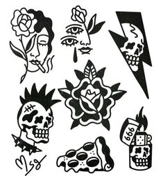 various tattoos with skulls and flowers on them