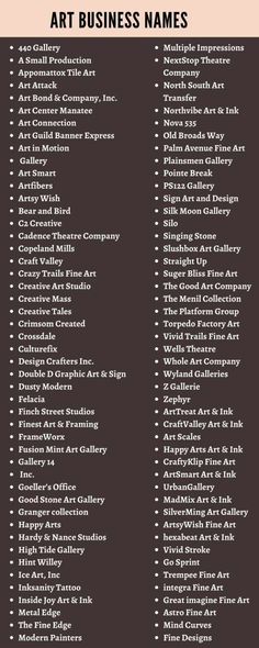 the art business names list is shown