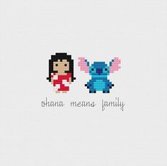 an image of two pixel characters with the words ohana means family on them,