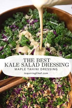 kale salad dressing being poured into a wooden bowl