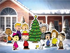 a group of cartoon characters standing in front of a christmas tree with snow on the ground