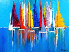 a painting of sailboats on the water with blue sky in the backgroud