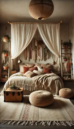 a large bed sitting under a canopy in a bedroom next to a rug on the floor