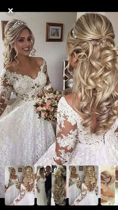 the bride is getting ready to go into her wedding dress with long hair and flowers in her hair